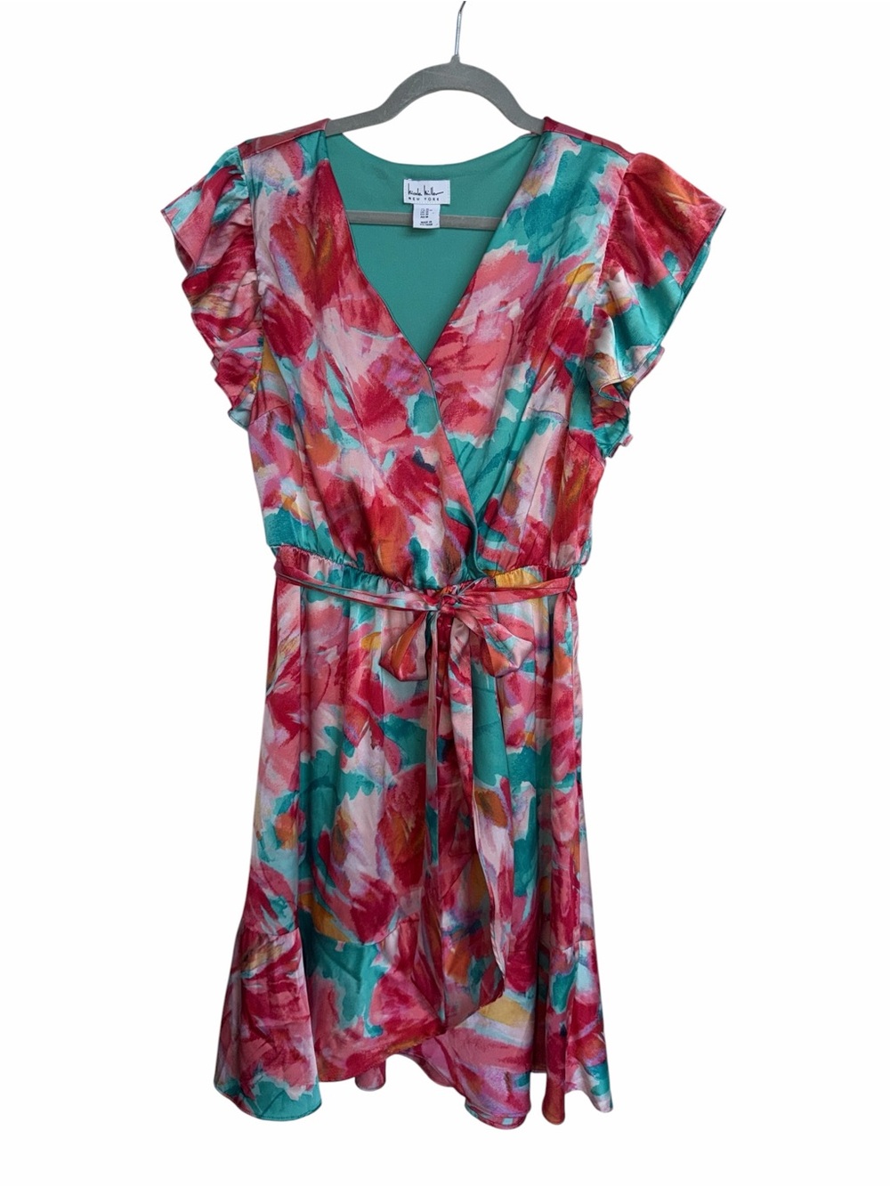 Nicole Miller Colorful Abstract floral pattern faux wrap Dress Size Medium - Picture 1 of 10